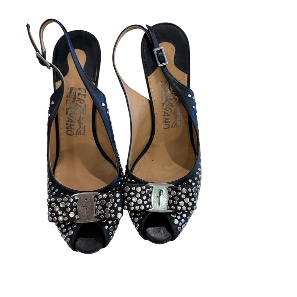 Salvatore Ferragamo Black Peep-Toe Studded Heels